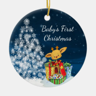 Personalised Cute Reindeer Baby's First Christmas Ceramic Tree Decoration