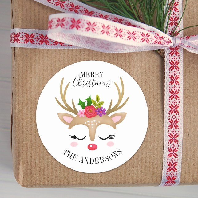 Personalised Cute Reindeer Christmas Classic Round Sticker (Creator Uploaded)