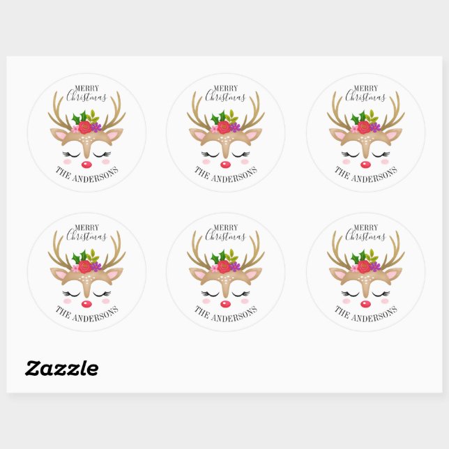 Personalised Cute Reindeer Christmas Classic Round Sticker (Sheet)