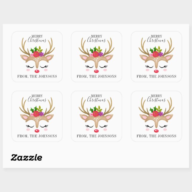 Personalised Cute Reindeer Christmas Square Sticker (Sheet)