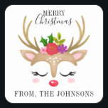 Personalised Cute Reindeer Christmas Square Sticker<br><div class="desc">A cute reindeer face decorates this sticker with the words Merry Christmas. Fun for decorating Christmas gifts and holiday treat bags for neighbours. Personalise it with your name. Designed for you by Blackberry Boulevard.</div>