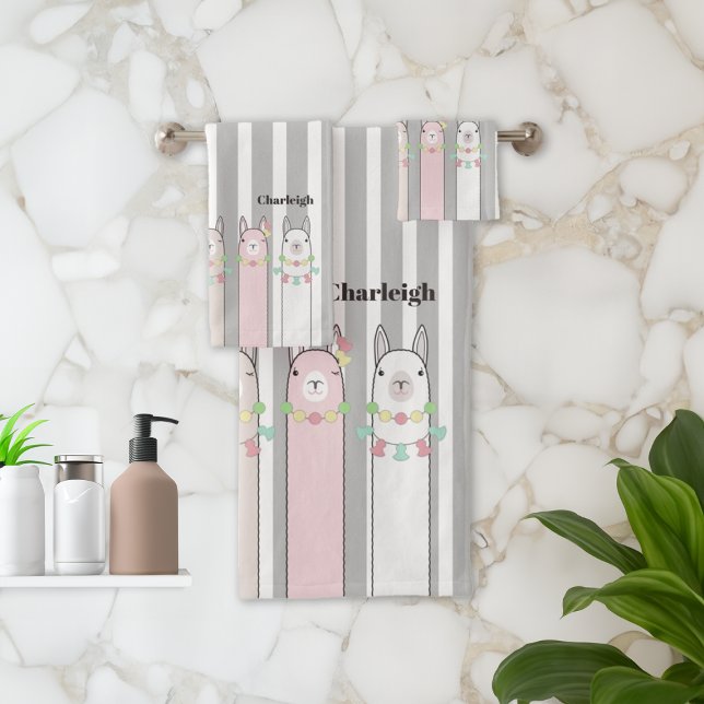 Personalised Cute Retro Colourful Llamas Girls Kid Bath Towel Set (Creator Uploaded)