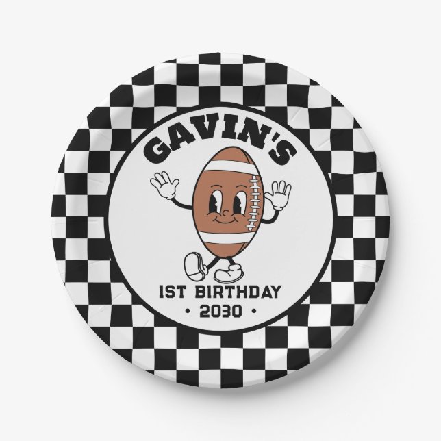 Personalised Cute Retro Football Birthday Party Paper Plate (Front)