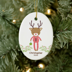 Personalised Cute Rustic Reindeer Kids Christmas  Ceramic Tree Decoration