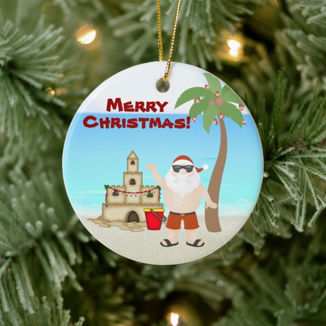 Personalised Cute Santa Beach Merry Christmas Ceramic Tree Decoration (Tree)