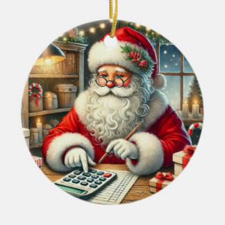 Personalised Cute Santa Doing Accounting Ceramic Tree Decoration