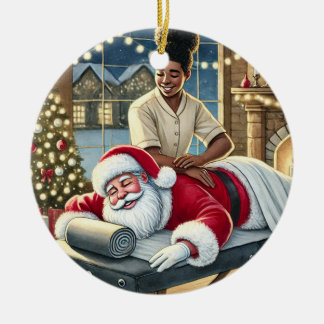 Personalised Cute Santa Getting a Massage Ceramic Tree Decoration