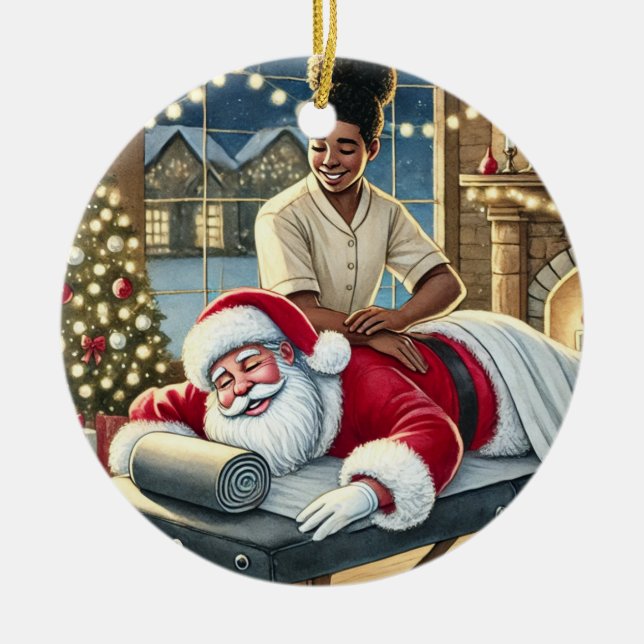 Personalised Cute Santa Getting a Massage Ceramic Tree Decoration (Front)