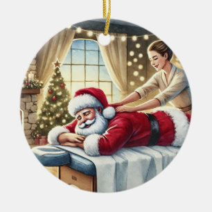 Personalised Cute Santa Getting a Massage Ceramic Tree Decoration