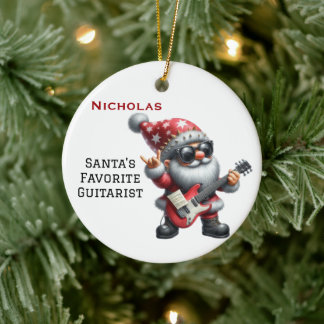 Personalised Cute Santa Gnome Playing Guitar Ceramic Tree Decoration
