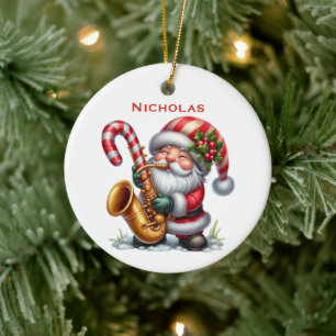 Personalised Cute Santa Gnome Playing Saxophone Ceramic Tree Decoration