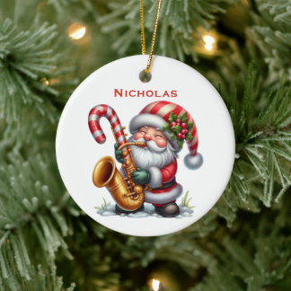 Personalised Cute Santa Gnome Playing Saxophone Ceramic Tree Decoration