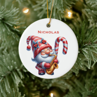 Personalised Cute Santa Gnome Playing Saxophone Ceramic Tree Decoration