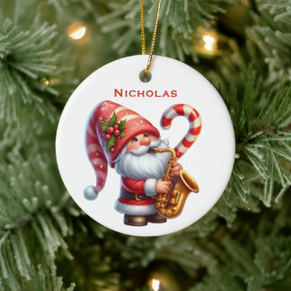 Personalised Cute Santa Gnome Playing Saxophone Ceramic Tree Decoration