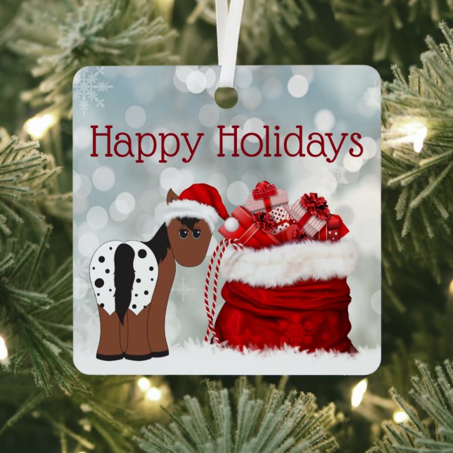 Personalised Cute Santa Horse and Gifts Christmas Metal Tree Decoration (Insitu)