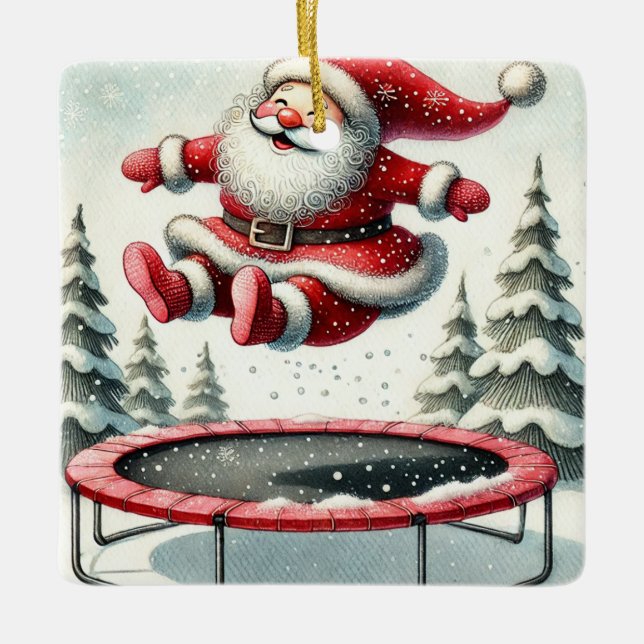 Personalised Cute Santa Jumping on Trampoline Ceramic Ornament (Front)