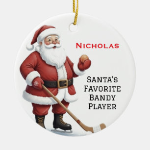Personalised Cute Santa Playing Bandy  Ceramic Tree Decoration