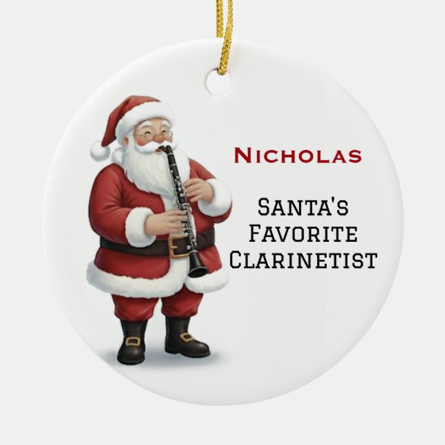 Personalised Cute Santa Playing Clarinet Ceramic Tree Decoration (Front)