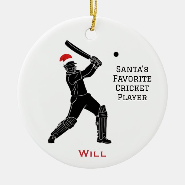Personalised Cute Santa Playing Cricket Ceramic Tree Decoration (Front)