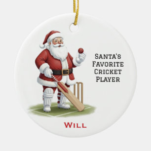 Personalised Cute Santa Playing Cricket Ceramic Tree Decoration