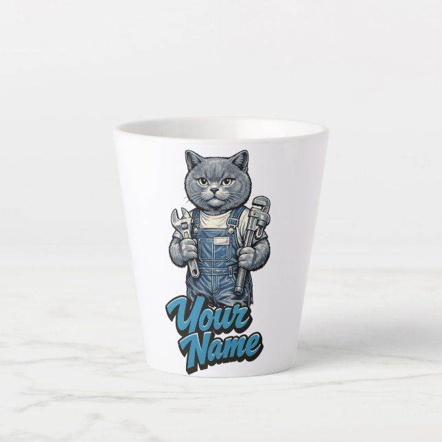 Personalised Cute Scottish Fold Cat Plumber Latte Mug (Front)