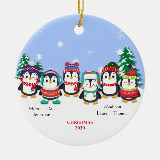 Personalised Cute  Six Penguin  Snow Scene     Ceramic Tree Decoration (Front)