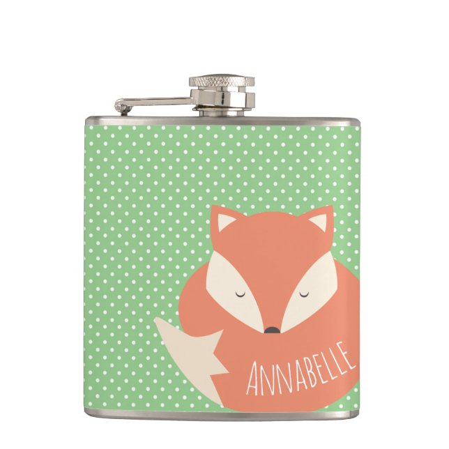 Personalised Cute Sleeping Fox Green Polka Dot Hip Flask (Front)