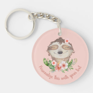 Personalised cute sloth blush pink flower key ring