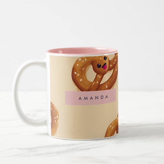 Personalised Cute Smiling Pretzel Pattern Two-Tone Coffee Mug (Left)