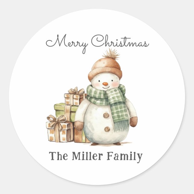 Personalised Cute Snowman & Christmas Presents  Classic Round Sticker (Front)