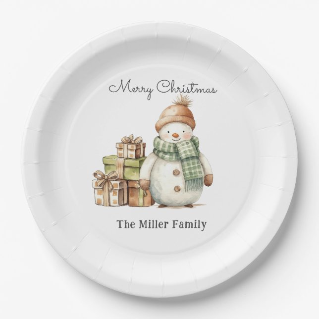 Personalised Cute Snowman & Christmas Presents  Paper Plate (Front)