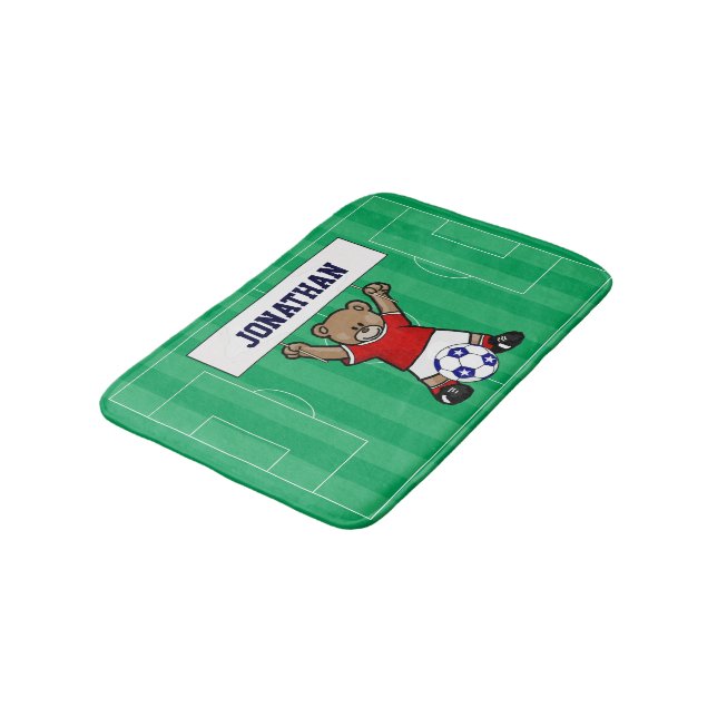 Personalised Cute Soccer Teddy Bear (red) Bath Mat (Angled)