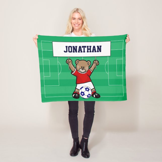 Personalised Cute Soccer Teddy Bear (red) Fleece Blanket (In Situ)