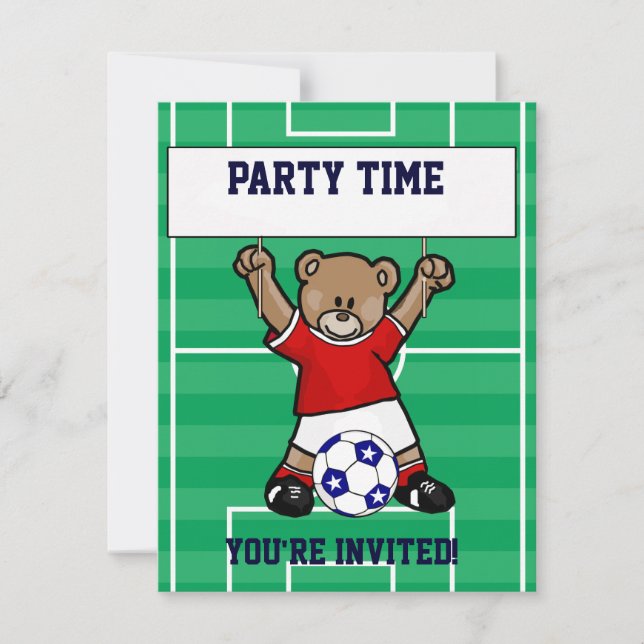 Personalised Cute Soccer Teddy Bear (red) Invitation (Front)