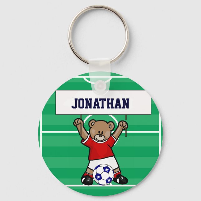Personalised Cute Soccer Teddy Bear (red) Key Ring (Front)