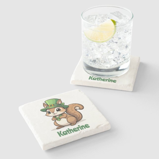 Personalised Cute St. Patrick's Day Squirrel Stone Coaster (Side)