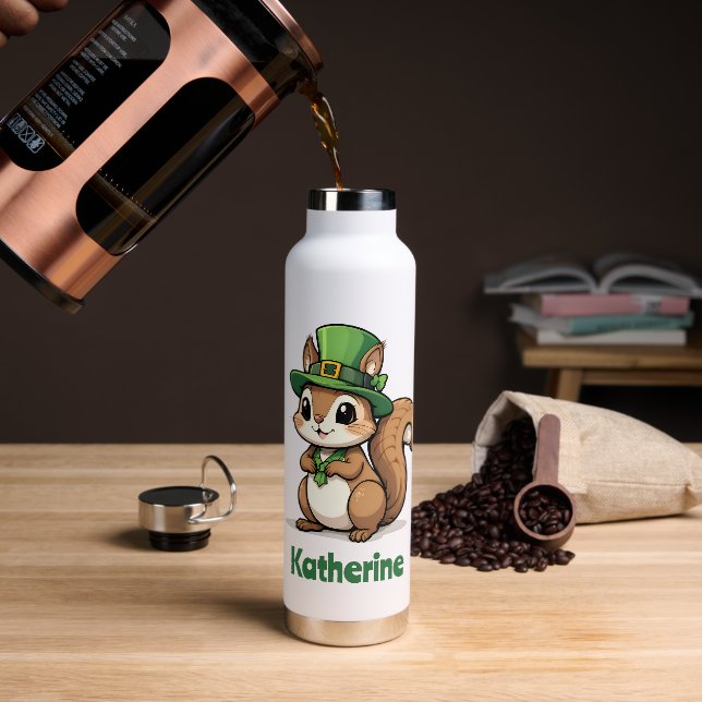 Personalised Cute St. Patrick's Day Squirrel Water Bottle (Coffee)