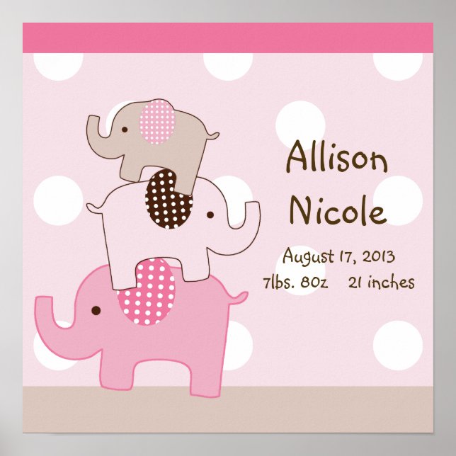 Personalised Cute Stacked Elephants Wall Art (Front)