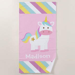 Personalised Cute Striped Unicorn Beach Towel