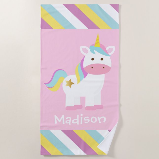 Personalised Cute Striped Unicorn Beach Towel (Front)