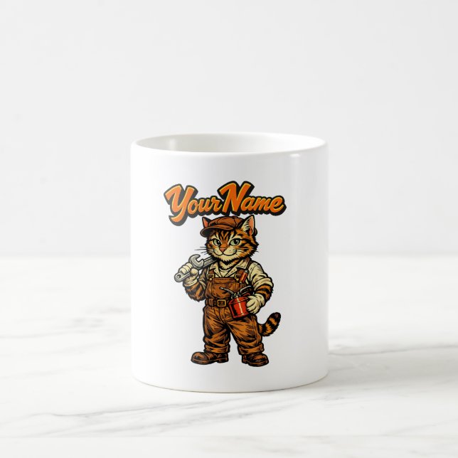 Personalised Cute Tabby Cat Mechanic Coffee Mug (Center)