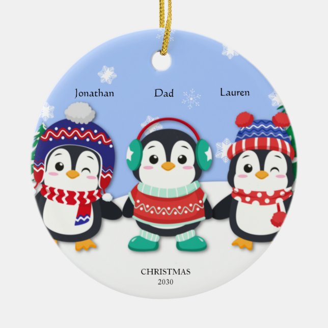 Personalised Cute Three Penguin  Snow Scene Ceramic Tree Decoration (Front)