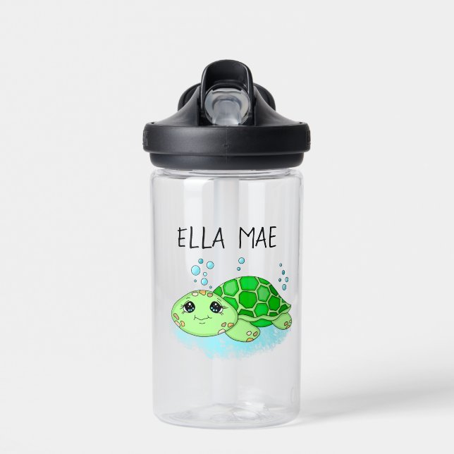 Personalised Cute Turtle Cartoon Name  Water Bottle (Front)