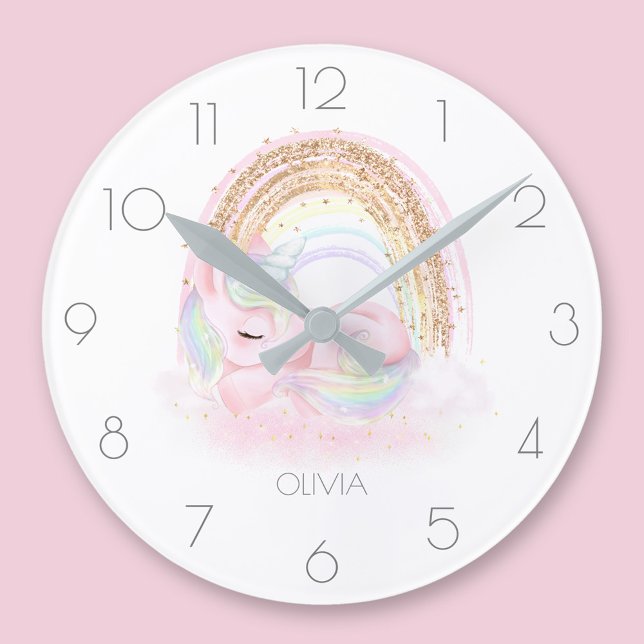Personalised cute unicorn girl rainbow round clock (Personalized cute unicorn girl rainbow round clock)