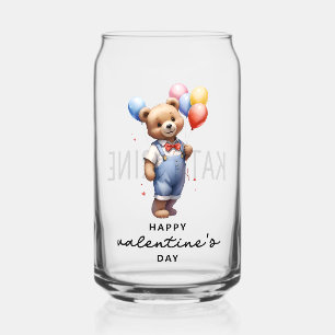 Personalised Cute Valentines Day Watercolor Bear Can Glass