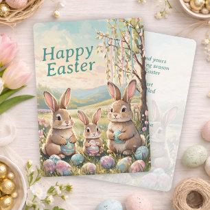 Personalised Cute Vintage Bunnies And Easter Eggs Holiday Card
