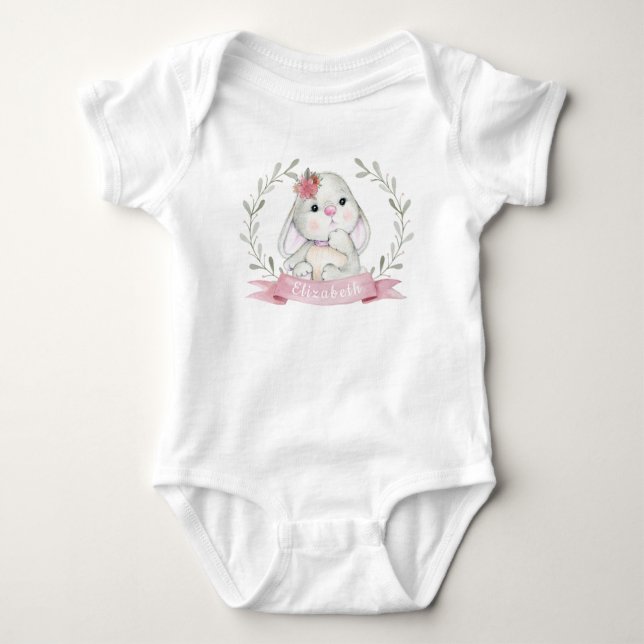 Personalised Cute Watercolor Bunny Baby Bodysuit (Front)