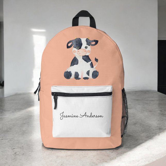Personalised cute watercolor cow school  printed backpack (personalized watercolor cow school bag )