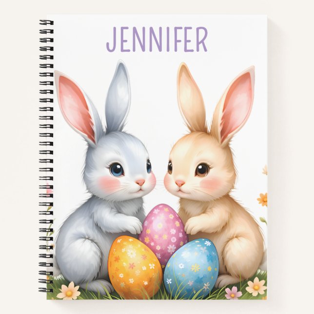 Personalised Cute Watercolor Easter Bunnies Notebook (Front)