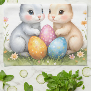 Personalised Cute Watercolor Easter Bunnies Tea Towel